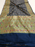 Navy Blue Banarasi Handloom Soft Silk Saree - Aura Benaras