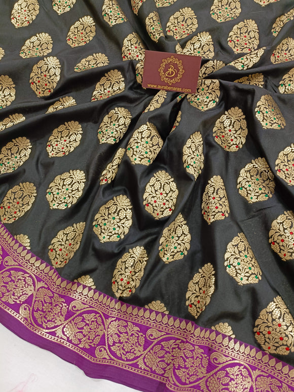 Black Banarasi Handloom Soft Silk Saree - Aura Benaras