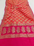 Orangish Pink Banarasi Handloom Soft Silk Saree - Aura Benaras