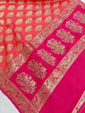 Orangish Pink Banarasi Handloom Soft Silk Saree - Aura Benaras