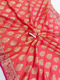 Orangish Pink Banarasi Handloom Soft Silk Saree - Aura Benaras