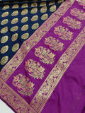 Navy Blue Banarasi Handloom Soft Silk Saree - Aura Benaras