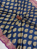 Navy Blue Banarasi Handloom Soft Silk Saree - Aura Benaras