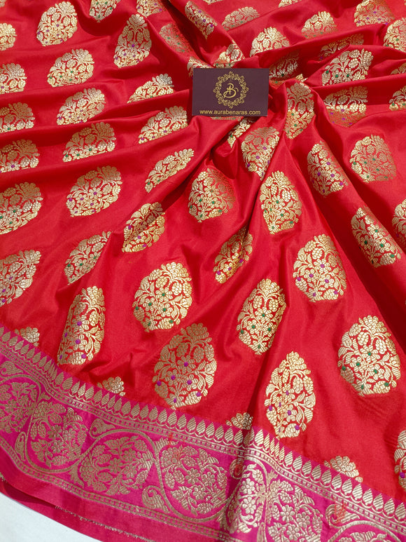 Strowbeery Pink Banarasi Handloom Soft Silk Saree - Aura Benaras