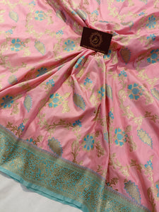 Baby Pink Banarasi Handloom Soft Silk Saree - Aura Benaras