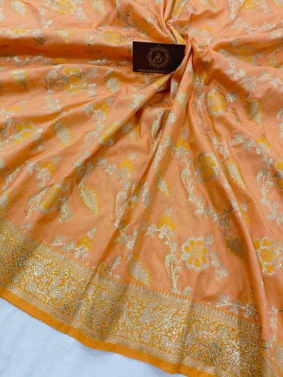 Orange Banarasi Handloom Soft Silk Saree - Aura Benaras