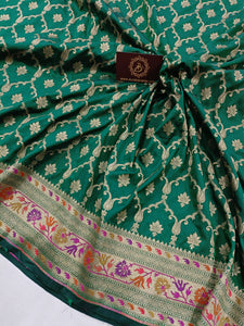 Bottle Green Banarasi Handloom Soft Silk Saree - Aura Benaras