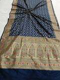 Navy Blue Banarasi Handloom Soft Silk Saree - Aura Benaras