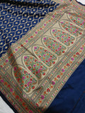 Navy Blue Banarasi Handloom Soft Silk Saree - Aura Benaras