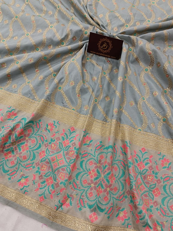 Grey Banarasi Handloom Soft Silk Saree - Aura Benaras