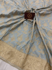 Grey Banarasi Handloom Soft Silk Saree - Aura Benaras