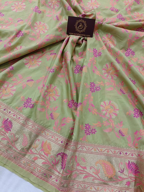 Pista Green Banarasi Handloom Soft Silk Saree - Aura Benaras