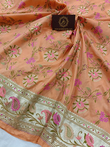 Peach Banarasi Handloom Soft Silk Saree - Aura Benaras