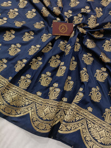 Navy Blue Banarasi Handloom Soft Silk Saree - Aura Benaras