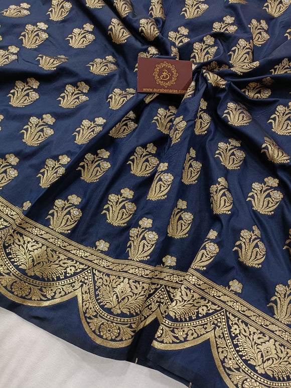 Navy Blue Banarasi Handloom Soft Silk Saree - Aura Benaras