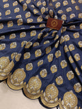 Navy Blue Banarasi Handloom Soft Silk Saree - Aura Benaras