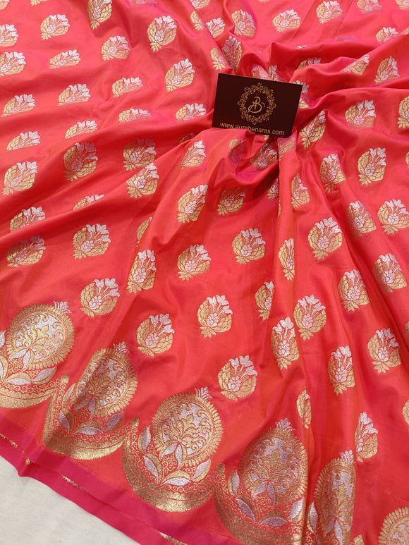 Strowbeery Pink Banarasi Handloom Soft Silk Saree - Aura Benaras