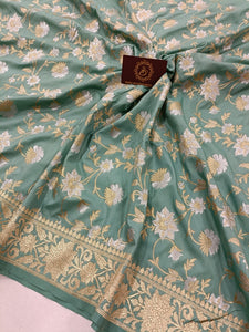 Sage Blue  Banarasi Handloom Soft Silk Saree - Aura Benaras