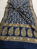 Navy Blue Banarasi Handloom Soft Silk Saree - Aura Benaras