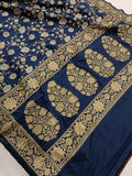 Navy Blue Banarasi Handloom Soft Silk Saree - Aura Benaras