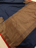 Navy Blue Banarasi Handloom Soft SIlk Saree - Aura Benaras