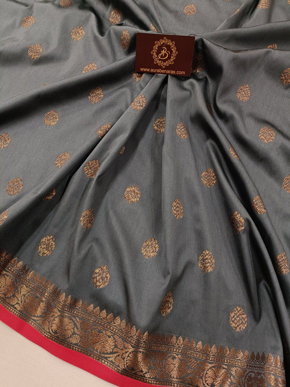 Grey Banarasi Handloom Soft Silk Saree - Aura Benaras