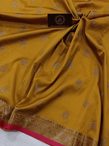 Mustard Yellow Banarasi Handloom Soft Silk Saree - Aura Benaras