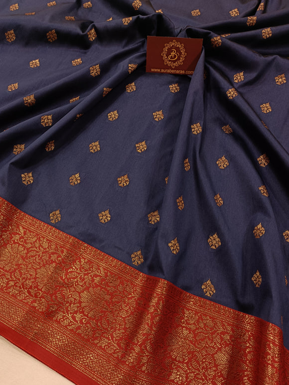 Dark Grey Banarasi Handloom Soft Silk Saree - Aura Benaras