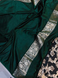 Bottle Green Banarasi Handloom Satin SIlk Saree - Aura Benaras