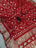 Red Banarasi Handloom Satin SIlk Saree - Aura Benaras