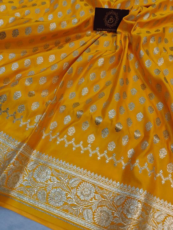 Yellow Banarasi Handloom Satin Silk Saree - Aura Benaras