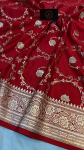 Red Banarasi Handloom Satin SIlk Saree - Aura Benaras