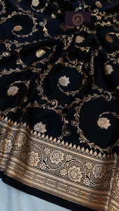 Black Banarasi Handloom Satin SIlk Saree - Aura Benaras