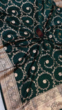 Bottle Green Banarasi Handloom Satin SIlk Saree - Aura Benaras