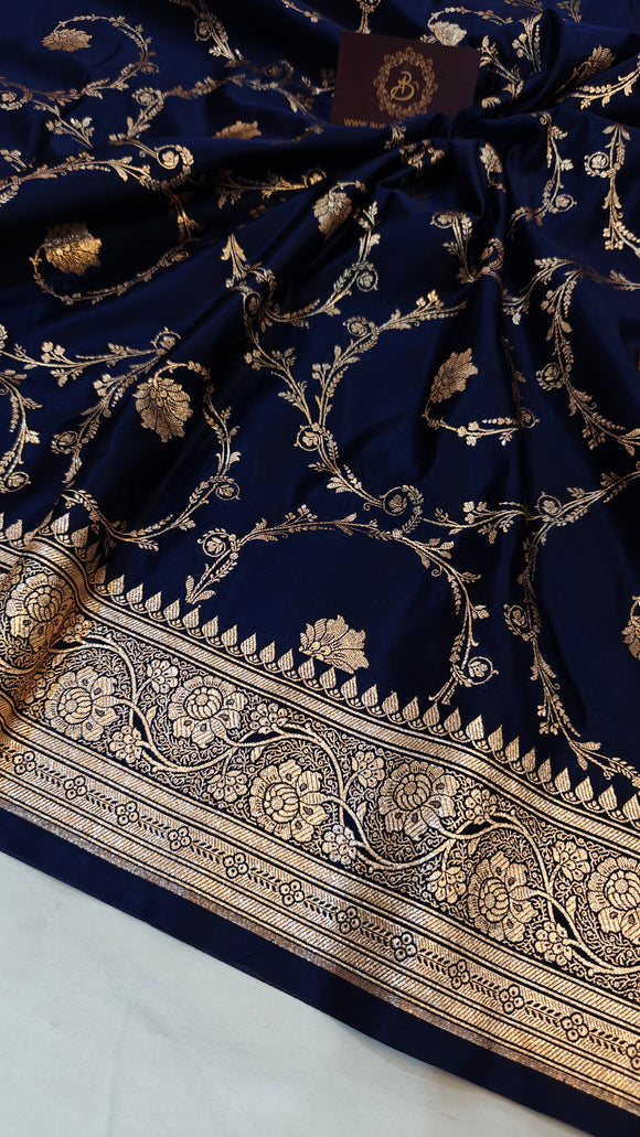 Navy Blue Banarasi Handloom Satin SIlk Saree - Aura Benaras