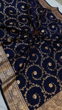 Navy Blue Banarasi Handloom Satin SIlk Saree - Aura Benaras