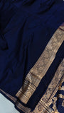 Navy Blue Banarasi Handloom Satin SIlk Saree - Aura Benaras