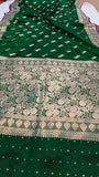 Dark Green Banarasi Handloom Satin SIlk Saree - Aura Benaras