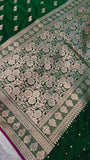 Dark Green Banarasi Handloom Satin SIlk Saree - Aura Benaras