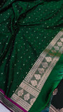 Dark Green Banarasi Handloom Satin SIlk Saree - Aura Benaras