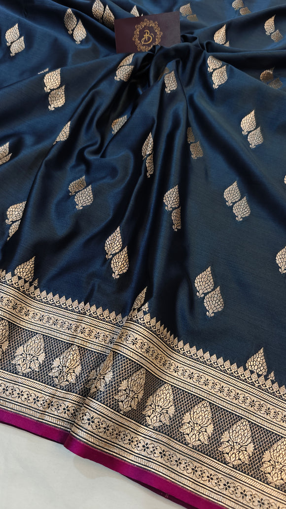 Navy Blue Banarasi Handloom Satin SIlk Saree - Aura Benaras