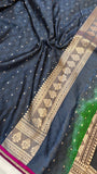 Navy Blue Banarasi Handloom Satin SIlk Saree - Aura Benaras