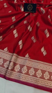 Red Banarasi Handloom Satin SIlk Saree - Aura Benaras