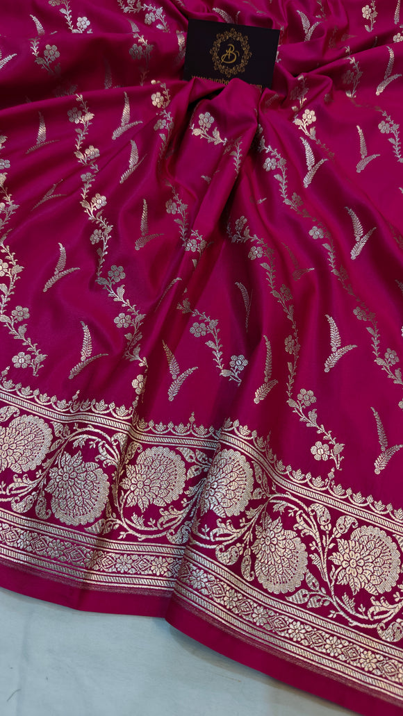 Rani Pink Banarasi Handloom Satin SIlk Saree - Aura Benaras