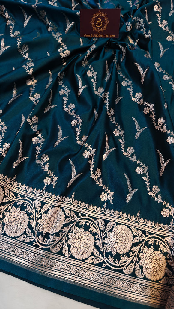 Teal Banarasi Handloom Satin SIlk Saree - Aura Benaras