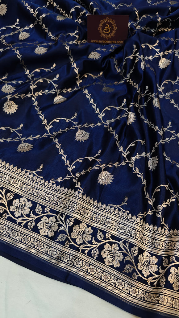 Navy Blue Banarasi Handloom Satin SIlk Saree - Aura Benaras