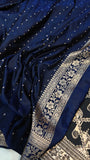 Navy Blue Banarasi Handloom Satin SIlk Saree - Aura Benaras