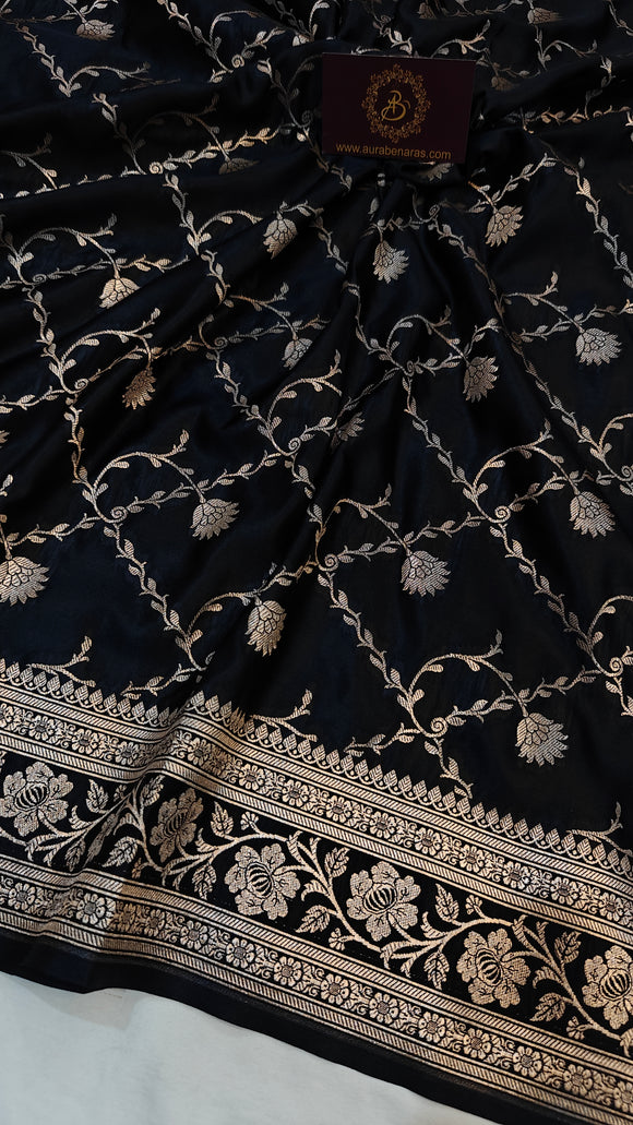 Black Banarasi Handloom Satin SIlk Saree - Aura Benaras