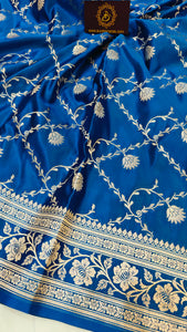 Blue Banarasi Handloom Satin SIlk Saree - Aura Benaras