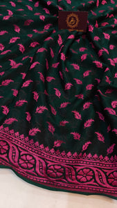 Bottle Green Shade Khaddi Chiffon Banarasi Handloom Saree - Aura Benaras